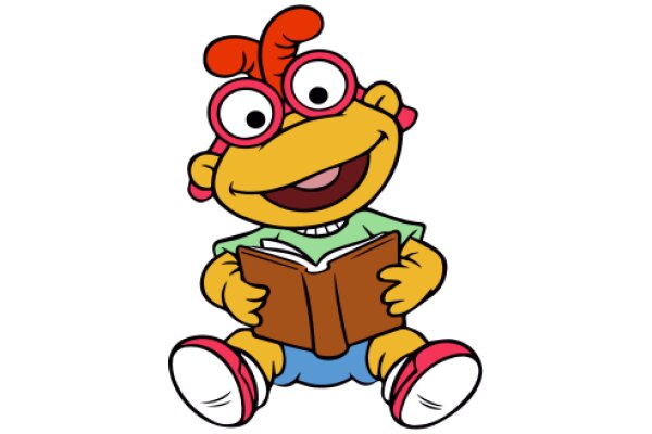 A Cartoon Character with a Book, Wearing Glasses and a Yellow Shirt, Sitting on the Floor with a Big Smile.