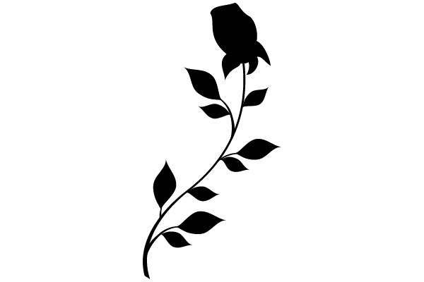 Classic Black Silhouette of a Rose with Flourishing Leaves