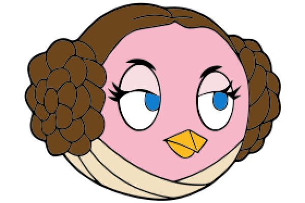 A Whimsical Portrait of a Pink Bird with Brown Hair and a Yellow Beak