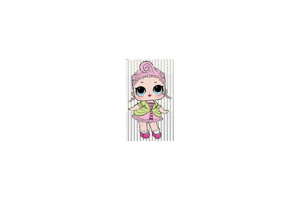 A Colorful Doll with Pink Hair and a Green and Pink Outfit