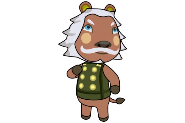 A Whimsical Character: A Brown Unicorn with a White Mane and Mustache, Wearing a Green Vest with Yellow Buttons
