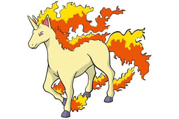 A digital illustration of a white horse with fiery mane and tail.