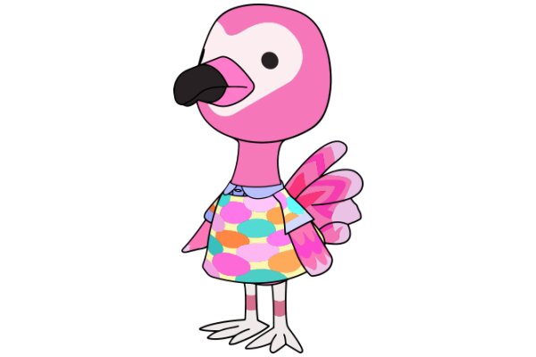 Vibrant Pink and Purple Cartoon Bird in a Colorful Dress