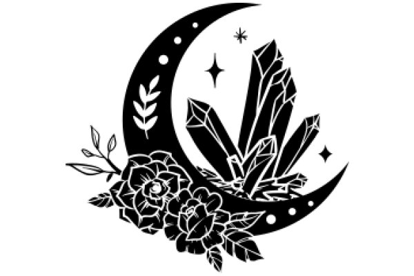 Moonlit Garden: ACrescent Moon, Crystals, and Flowers