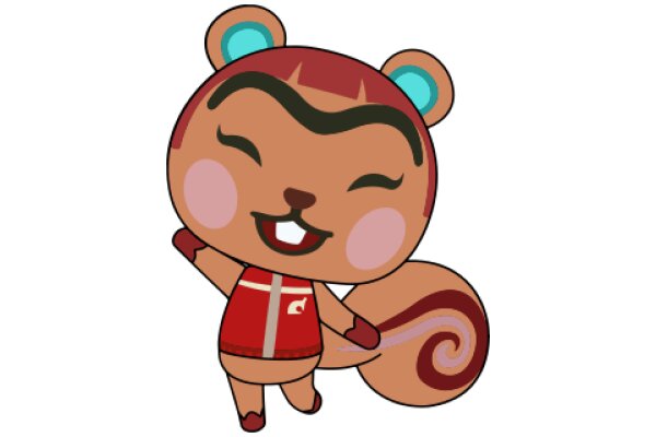 A Cute Cartoon Character: A Brown Squirrel with a Red Jacket and Blue Eyes