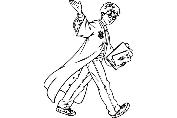 A Stylish Illustration of a Man in a Coat and Glasses, Walking with a Book and a Paper