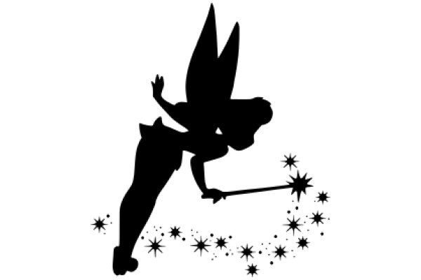 Silhouette of a Tinkerbell-like Figure with a Wand and Starbursts