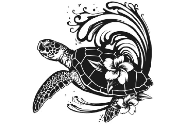 Stylized Turtle with Flower and Wave Design