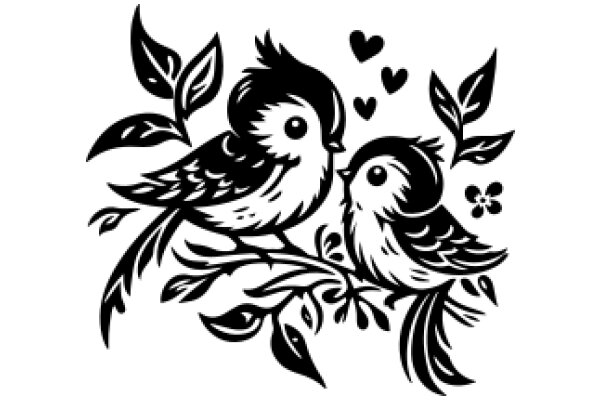 A Tender Moment: Two Birds Embrace Amidst a Flurry of Leaves and Hearts