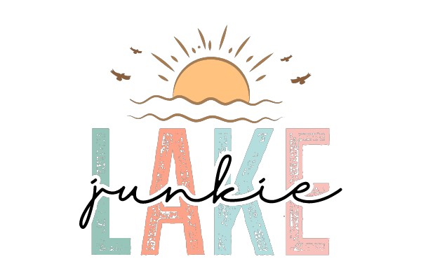 A Graphic Design of a Sunset with the Words 'JUNIE LAKE' in a Stylized Font, Surrounded by Birds and a Wavy Waterline