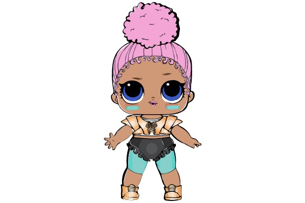 Stylish Doll with Pink Topknot and Blue Outfit