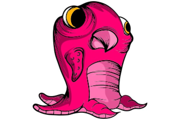 Vivid Pink Cartoon Character with Yellow Eyes and Pink Ears, Sitting on a White Background