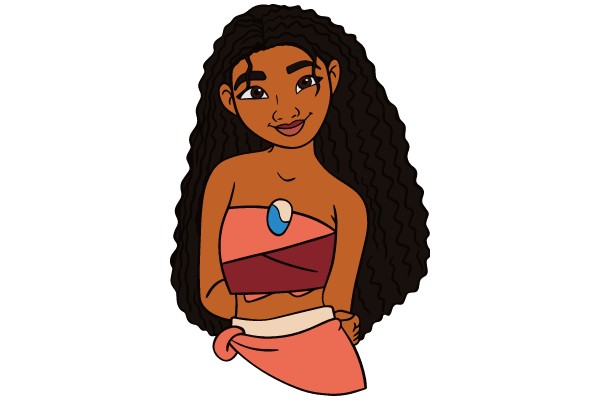 A Digital Illustration of a Stylized Female Character with Curly Hair and a Pink and Red Outfit