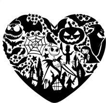 A Halloween-themed silhouette of a heart, filled with various spooky elements and characters.