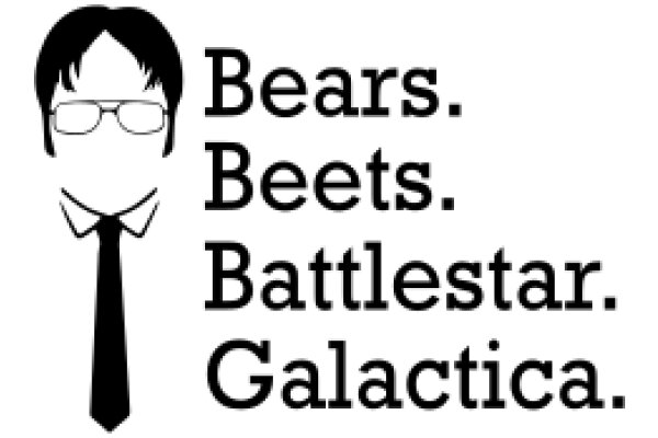 A Graphic Design of a Man's Face with the Text 'Bears. Beets. Battlestar. Galactica.' Below It.
