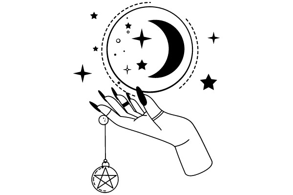 Moonlit Night: A Hand with a Starry Sky and a Crescent Moon