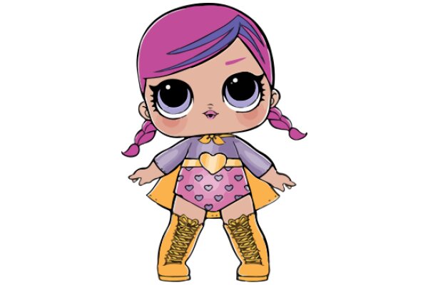 Vividly Styled Cartoon Character: A Purple-Haired Superhero in a Pink and Purple Costume with Yellow Boots and a Heart-Shaped Emblem