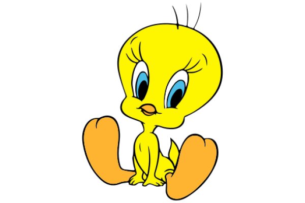 A Yellow Cartoon Bird with Big Eyes and Feet, Sitting on a White Background.