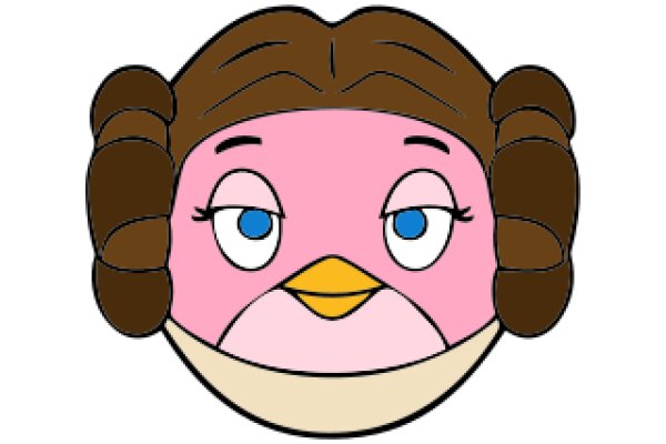 A Whimsical Portrait of a Character with a Pink Face and Brown Hair, Wearing a Yellow Dress and Brown Rolls, with a Blue Eye and a Yellow Beak.