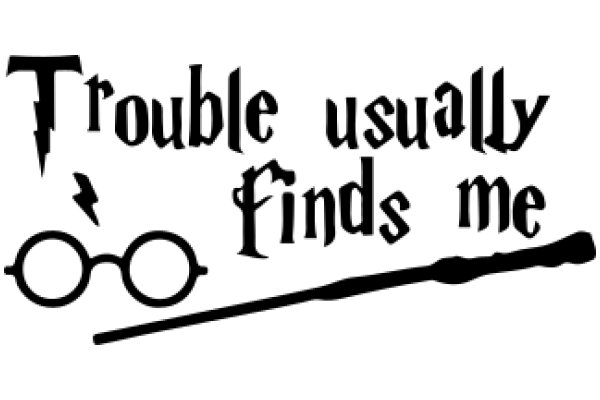 A Playful Take on the Harry Potter Universe: A Graphic Design of a Wand and Glasses with the Phrase 'Trouble Usually Finds Me'
