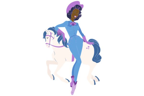 A Stylish Ride: A Woman in a Blue Dress and Purple Hat on a White Horse