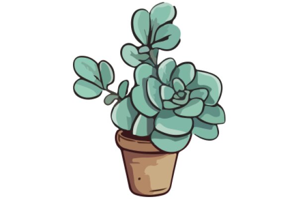 A Whimsical Illustration of a Potted Plant with Green Leaves and a Brown Pot