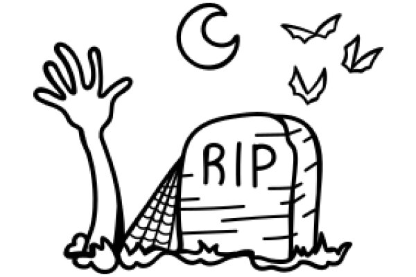 A Silhouette of a Hand Reaching Out to a Grave with the Word 'RIP' on It, Surrounded by Bats and a Crescent Moon