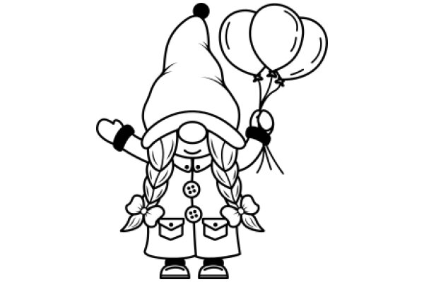 A Whimsical Illustration of a Character with a Bun Haircut, Holding Balloons and a Purse, Amidst a White Background.
