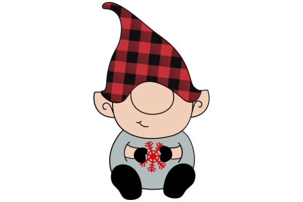 A Playful Cartoon Character with a Red and Black Plaid Hat and a Snowflake Design on a Gray Shirt
