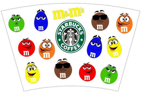 A Collection of M&M's Characters Celebrating Starbucks Coffee