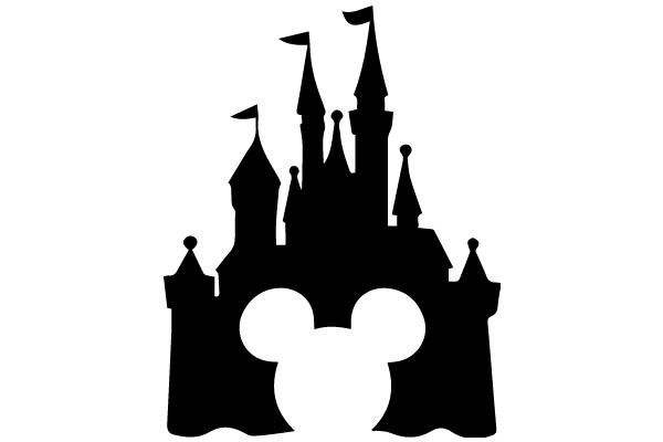 A Silhouette of a Disney Castle and Mickey Mouse, Set Against a White Background