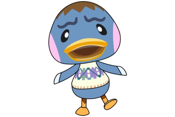 A Whimsical Blue Bird with a Yellow Beak, Wearing a Purple and White Shirt and Pink Ears, Expressing Surprise or Confusion.