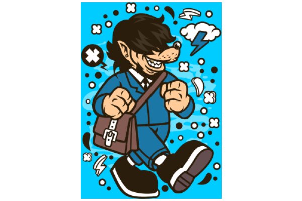 An animated character, a blue suit, and a brown bag, all set against a vibrant blue background with playful elements like a lightning bolt and a speech bubble.