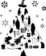 A Festive Christmas Tree Decorated with Silhouettes of People, Animals, and Objects