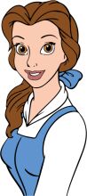 A Cartoon Character with a Smile: A Portrait of a Young Woman with Brown Hair and Blue Dress