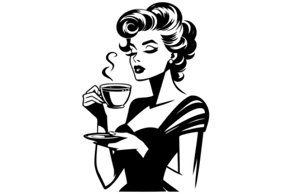 Elegant Vintage Illustration: A Stylish Woman Savoring a Cup of Coffee