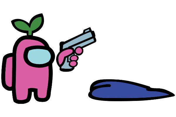 An AI-Drawn Cartoon: A Pink Character with a Plant on its Head, Holding a Gun and Pointing at a Blue Object