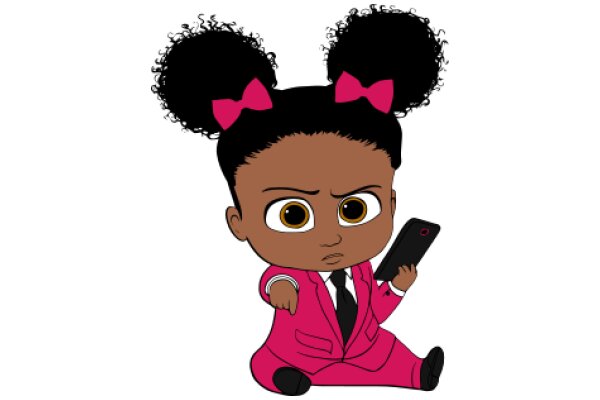 A Stylish Cartoon Character with a Pink Suit and Black Hair, Holding a Phone and Wearing a Pink Bow.
