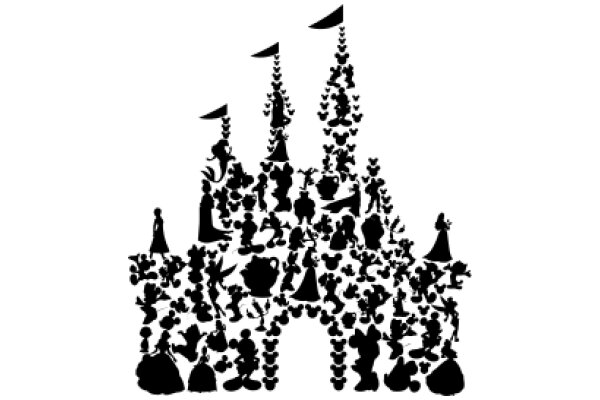 A Silhouette of a Castle with a Surrounding Scene of Silhouetted People and Objects
