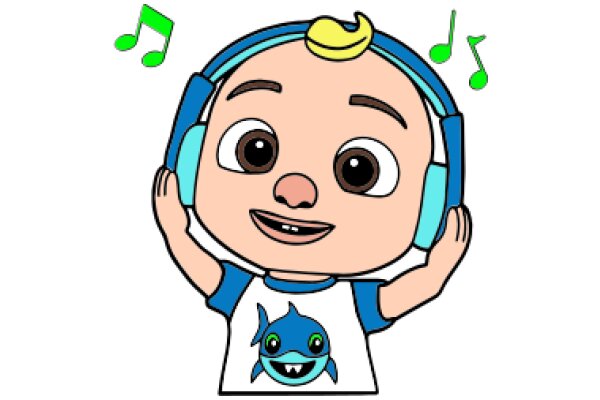 A Cute Cartoon Character with Headphones and a Blue Shirt, Surrounded by Music Notes and a Fish Logo.