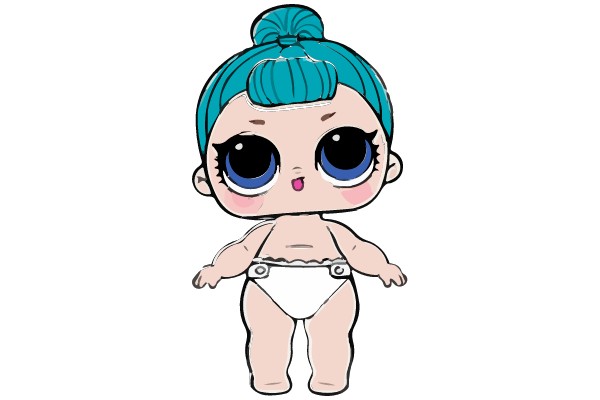Adorable Blue-Haired Baby in Diaper with Big Eyes
