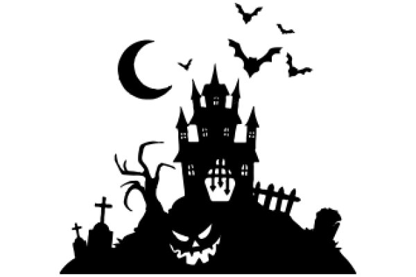 Midnight Halloween Silhouette: A Spooky Scene with a Haunted Castle, Bats, and a Full Moon