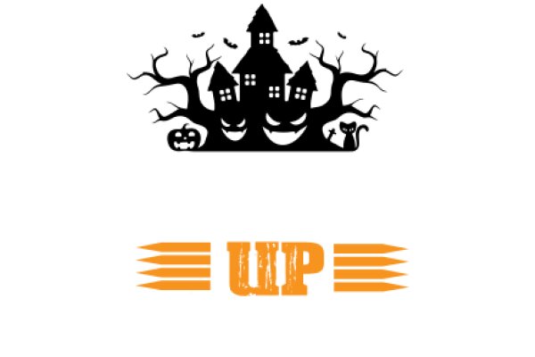 A Halloween-themed graphic with a castle, bats, and a cat, set against a white background.