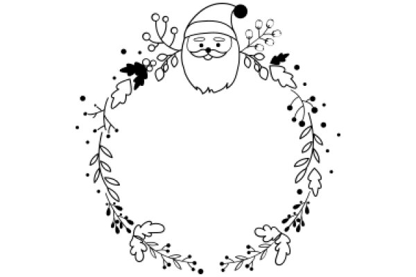 Whimsical Christmas Decoration: A Line Drawing of a Santa Claus with a Wreath of Leaves and Berries