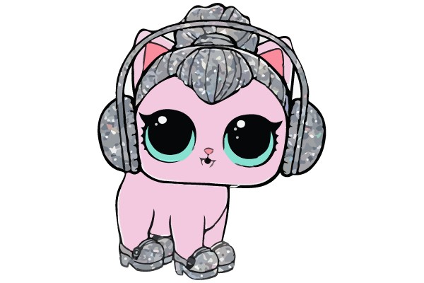 Whimsical Pink Cat with Headphones and Cat Ears