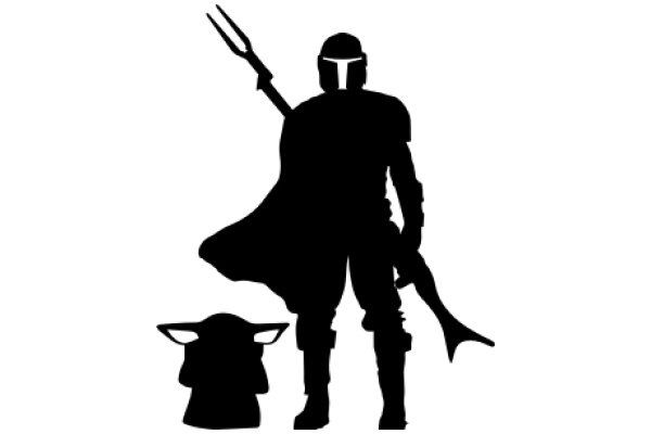 A Silhouette of a Heroic Figure with a Trident and a Helmet, Standing Next to a Smaller Figure with a Horned Helmet