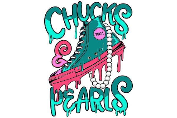 Vibrant and Playful Illustration of a Sneaker with the Words 'Chucks & Pearls' and a Dripping Effect