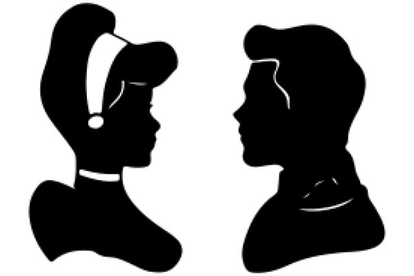 Silhouette of Two People in Profile, One with a Hat and the Other with a Collar, Against a White Background