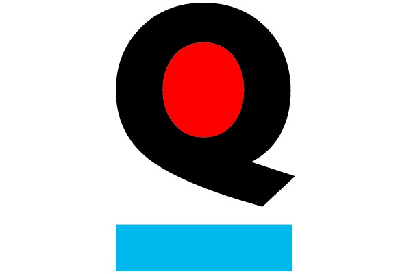 Black Letter Q with Red Dot Inside, Below a Blue Rectangle