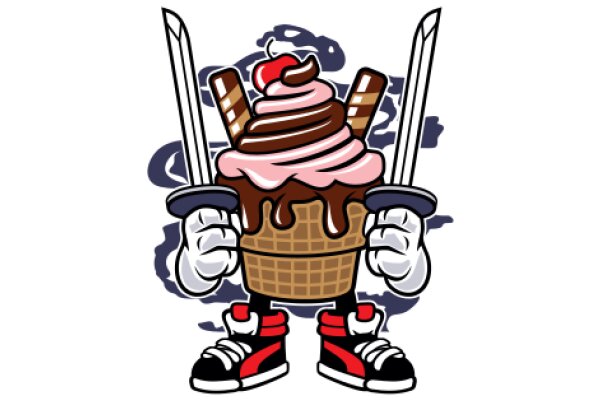 A Playful Illustration of a Cartoon Character Holding a Chocolate Ice Cream Cone and Two Swords